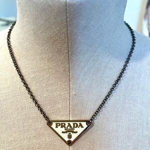 Upcycled Prada, silver and white tag necklace
